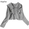 Neploe Autumn Panelled Turn-down Collar Knitted Cardigan Preppy Style All-match Women Sweater Sweet Casual Single Breasted Tops 210423