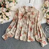 Women Early Autumn Shirt Long-sleeved Design Loose Japan Korean Style Printed Bow Chiffon Female Blusa Tops GX1104 210507