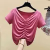 WWENN Frauen Plissee Kurzes T-shirt Ärmel V-ausschnitt Baumwolle Modal T-shirt Sommer Weibliche Mode Crop Top T-stück Lose Weiß rosa 210507