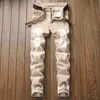 2021 Men's Ripped Matte White Slim-Fit Stretch Denim Trousers Beige Casual Jeans X0621