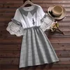 日本の森ガール夏のドレス女性の蝶の袖人形首輪ウサギ刺繍チェック柄ドレスS-XXL 210520