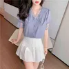 Summer Lace Top Chiffon Blouse V-neck Women Cardigan with Button Fashion Solid Short Sleeve Woman's Shirts 10022 210508