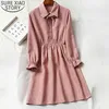 Mode Bow Robe Vintage Corduroy Femmes Bouton Pull Es Automne et Hiver Polo Col Femelle Robes 12005 210506