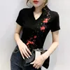 Dames Katoenen T-shirts Korte Mouw Partchwork Tee Tops Zomer Chinese Floral Embroxery Design voor Show T03609B 210421