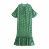 Za rétro imprimé fleuri longue robe verte femmes manches courtes bouffantes O cou ruché robes de soirée femme à volants ourlet Sumemr robe 210602