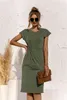 Мода летние повседневные платья MIDI для женщин с короткими рукавами с короткими рукавами витая стройная подходящая базовое платье A-линии сплошные платья женские Vestidos 210514