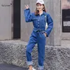 100% bawełniane kobiety streetwear khaki jeansowy kombinezon retro długie rękaw luźne dżinsowe dżinsy z paskiem szerokim spodniami nóg rompers 210709