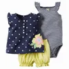 Baby Girl 3pcs Set Cartoon Bodysuit + T-shirt + Shorts Bomull Outfits Kläder E26535 210610