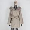 Miscele da donna in lana da donna CXFS 2022 Oversize sciolto cashmere cappotto in vera pelliccia giacca invernale da donna colletto naturale cappuccio tuta sportiva cintura