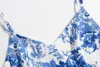 Vintage France Summer Blue White Floral Print Spaghetti Strap Midi Dress Sexig Kvinnor Sling Lacing Up Backless Dresses Holiday 210429