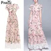 Plus Size Summer Women'S Bohemian Fashion Casual Beach Lily Print Elegant Lace Stitching Chiffon Party Dresses Chic 210421