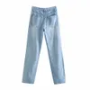 Women Fashion straight-leg mid-rise jeans Female high-waist faded Jeans pockets button fly denim pants Lady trousers 210520