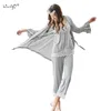 Pigiama da donna Set Felpa in 3 pezzi + Pantaloni + Vestaglie Set da pigiama Sexy in pizzo con scollo a V Homewear Set da notte Pigiama da donna Sleepwear Q0706