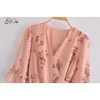 H.SA Women Summer V-Neck Sleeve Ruffles Casual Short Mini A-Line Boho Beach Loose Dress Pink Sashes 210417