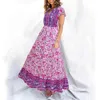 bohemian floral print maxi long dress women v neck ruffle button beach summer dress purple boho holiday dress 210415