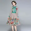 Autumn Runway Designer Carta Flor Flor Vestido Vintage Mulheres Camisa de Manga Longa Camisa Laço Colarinho Listrado Midi Vestidos 210416