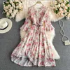 Women Blue/Beige Flower Printed Midi Dress Bohemian Summer V-Neck Single Breasted Big Swing Robe Elegant Party Beach Vestidos Y0603