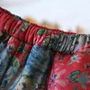 Johnature Winter Print Blommor Plus Bomull Byxor Elastisk Midja Röda Fickor Varm Byxor Lös Kvinna Casual Vintage Pants 210521