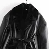 Vintage vrouw slank leer met bontjas mode dames winter dikke sjerpen bovenkleding vrouwelijke warme zak jas 210515