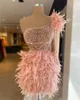 2023 고급스러운 아랍어 칵테일 드레스 블러쉬 핑크 깃털 크리스탈 페르시 짧은 미니 한 어깨 칼집 저녁 파티 파티 드레스 홈 커밍 가운 장면 전환 측면