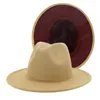 Burgundy Patchwork Faux Wool Felt Jazz Fedora Hats with Felt Band Women Men Flat Brim Panama Trilby Cap Party Hat