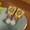 Stud S925 Sterling Silver Gold Plated Hetian Jade Ear Studs Retro Chinese Style Palm-Leaf Fan Earring Pendant For Ladies örhängen