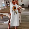 Sunflower 3D Print Split Summer Autumn Dress Women Elegant White Long Sleeve Plus Size Maxi Dresses for Women Vestidos 210715