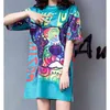 Printed Doll Green T Shirt Short Sleeve Animal Dog Sexy Summer Large Size Blue Casual Dress 4447 50 210417