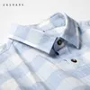 Ushark xadrez camisas para homens camisas quadriculadas camisas casuais roupas camisa camisa de manga longa botão de mola para cima coleira de algodão azul cinza 210603