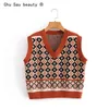 Automne hiver Vintage Corean College Style Argyle V-Cou Lâche Pull sans manches Sweaters Tricots Vest Jumper Top pour femme 210508