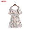 Tangada 여름 여성 꽃 프린트 프랑스 스타일 드레스 퍼프 짧은 소매 숙녀 미니 드레스 Vestidos 6Z107 210609