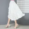 Lato Black White Midi Spódnica Kobiety Pióro Tassel S Kobieta Elegancka Długość Kolana Party Jupe Faldas Largas Mujer 210421