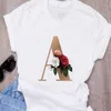 T-shirt dam Anpassad namnbokstavskombination högkvalitativt tryck T-Ahirt blomteckensnitt A B C D E F G Kortärmade kläder