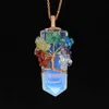 JLN Sword Shape Crystal Chip Stone Life Tree Pendant Seven Chakra Wire Wrapped Quartz Hexagon Prism Amulet Charm With Brass Chain Necklace