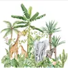 Cartoon Tropical Rainforest Animals Elephant Giraffe Nordic Plant Wall Stickers Sofa Kids Bedroom Background Corridor Decoration 210929