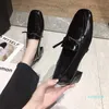 Dress Shoes Japanned Leather Bow-tie Pumps Woman Vintage Solid Two Wear Square Toe British Sewing Thick High Heels Women