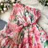 Neploe Summer Holiday Bohemian Print Long Dress Women High Waist Hip A Line Vestidos Slash Neck Shoulder Strapless Robe Slim 210630