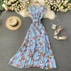 Singreiny Women Pleated Floral Dress Sommar Fransk O Neck Sashes A-Line Dresses Bohemian Print Romantic Holiday Beach Dress 210419