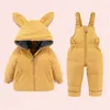 1-4 år barn baby snöar hooded down jackor + jumpsuit 2pcs sätter koreanska stiliga toddler pojkar tjejer skidåkning vinter kläder h0909