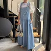 Korejpaa Women Dress Sets Korean Chic 100-neck Loose Bubble Sleeve Shirt with Retro Blue Large Swing Denim Suspender Skirt 210526
