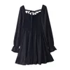 Vestido De Mujer Nero Vintage Primavera Solid Flare Manica Abito in chiffon per le donne Increspature Collo quadrato Mini abiti 210415