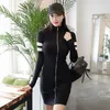 Casual Women Sweater Dress Color Match Patchwork Stand Collar Long Sleeve Zipper Stretch Knitted Autumn Winter Dresses 210603