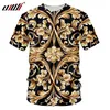 UJWI Marka Mężczyźni Golden Flower T-shirt Lato 3D Print Blue T-shirt Homme Krótki Rękaw Luksusowe Królewskie Barokowe Ubrania Topy 210716