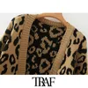 TRAF Women Fashion Leopard Mönster Lös Strikkad Cardigan Sweater Vintage Lantern Sleeve Kvinnliga Ytterkläder Chic Toppar 211011