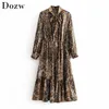 Dame Mode Snake Print Hemd Kleid Fliege Kragen Langarm Lose Kleider Stretch Taille Knielangen Plissee Vestidos Herbst 210414