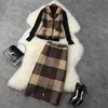 Outono inverno 3 peças terno mulheres vire para baixo colar xadrez de lã colete tricô pulldover top e saia conjunto de correspondência outfit vintage 210601