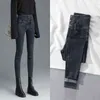 Cintura alta lápis de lápis de cintura para mulheres vintage elástico magro magging coreano botão mosca skinny denim calças grandes tamanho grande 211129