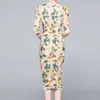 Mode Designer Lente Herfst Damesjurk Rose Floral-Print Slanke Jurken Vierkante Kraag Geel Bodycon Robe 210421