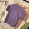 Neploe Women Pullovers Half Turtleneck Knitted Sweater Summer Puff Short Sleeve Solid Jumper Shirts Korean Hollow Out Slim Top 210422