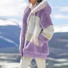 Hiver dames cagoule en peluche de veste de contraste couture afflux dawstring manteau chaud à manches longues zip de pardessue lâche 211220